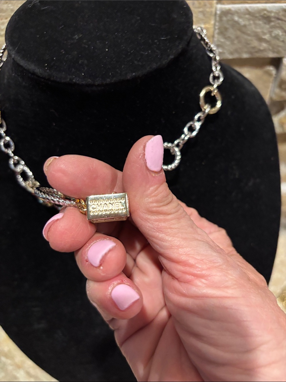 Two-Tone Interlocking Circle Necklace with CC Pendant - Gold & Silver - Picture 4 of 9